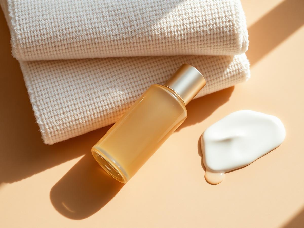 Body moisturiser bottle and folded cream towels in warm daylight
