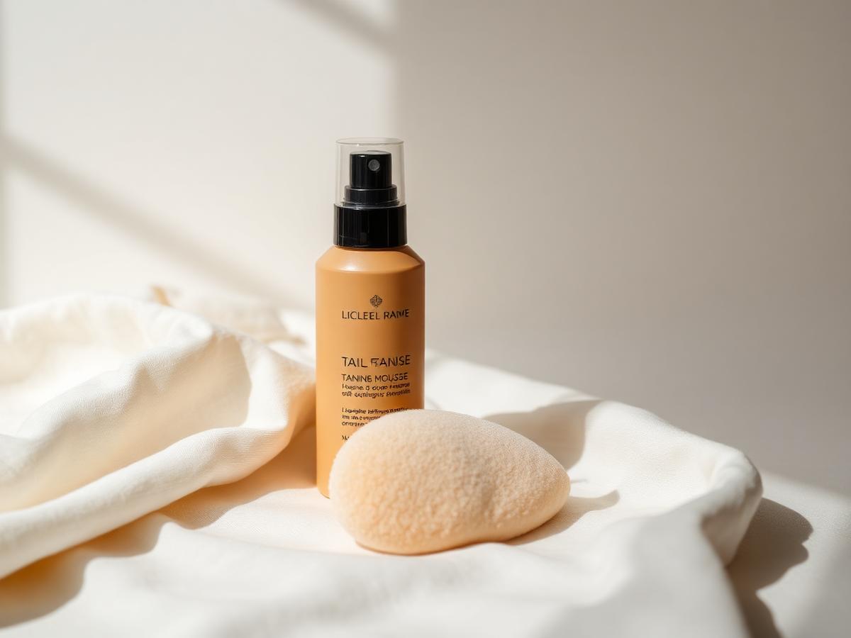 Tanning mousse bottle and velvet applicator mitt resting on cream linen