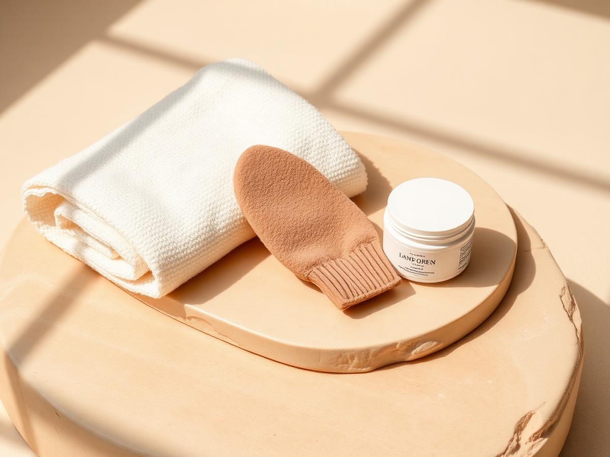 Cream towel, tan applicator mitt and a small cream jar on a warm stone plinth