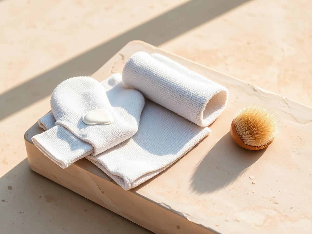 Exfoliating mitt, cream towel and dry brush arranged on warm stone