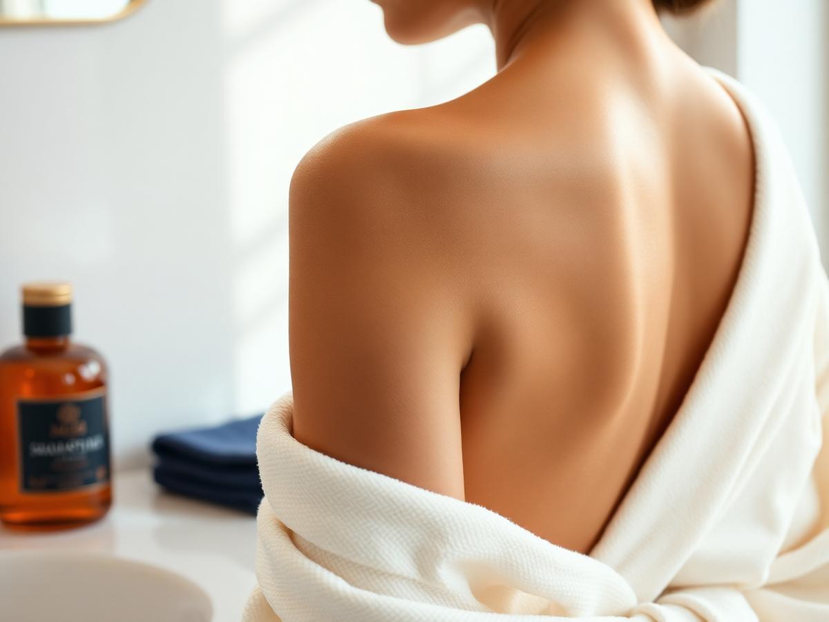 Bronzed shoulder wrapped in a cream towel beside an amber glass bottle